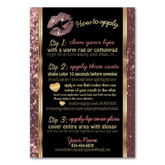 Numeração De Mesa Rosa Dourado Glitter Lipsense Instruções para sene (Frente)