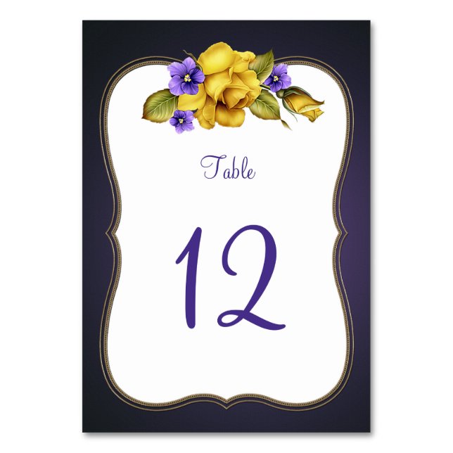 Numeração De Mesa Rosas Amarelas Roxo Violeta Quadro Dourado Número  (Frente)