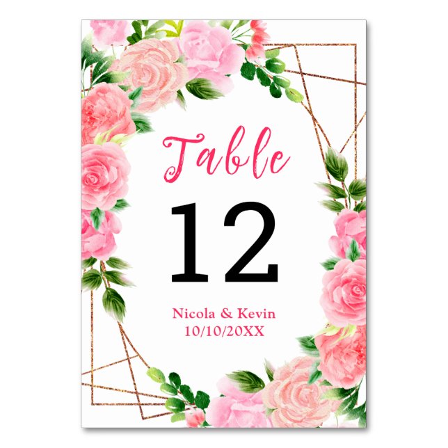 Numeração De Mesa Rosas Cor-de-Rosa com Folhagem de Casamento (Frente)