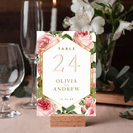 Numeração De Mesa Rosas Rosa Floral com Casamento Dourado com Frame 