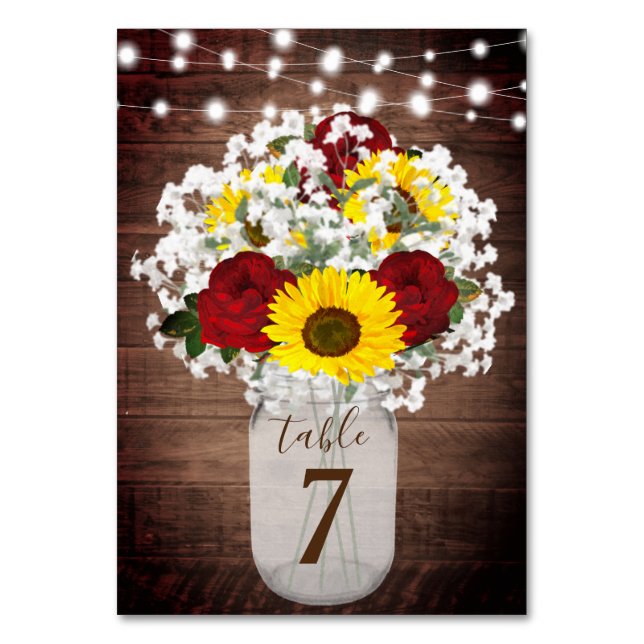 Numeração De Mesa Rosas Sunflower Mason Jar String Luzes Casamento (Frente)