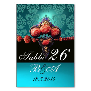 NUMERAÇÃO DE MESA ROSAS VERMELHOS DE CORAL, MONOGRAMA AZUL NEGRO AQU