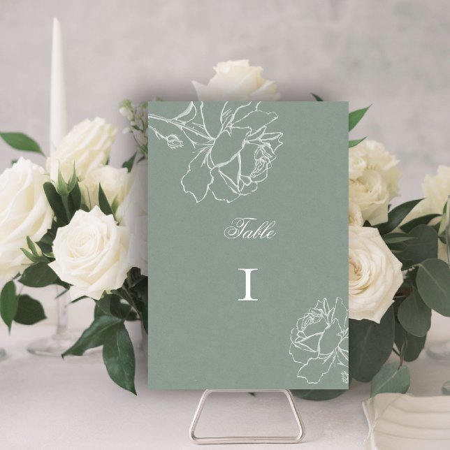 Numeração De Mesa Roses Vow Sage Verde Moderno Clássico Casamento Fo (sage green wedding theme table number modern classic white roses floral frame formal traditional)