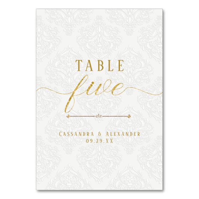 Numeração De Mesa Roteiro Elegante Renda Branca Dourado 5 Cinco Casa (Frente)