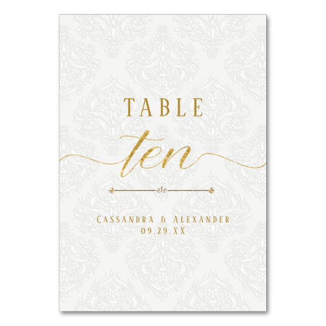 Numeração De Mesa Rótulo Elegante Lace Branco Dourado Casamento Dez  (Frente)