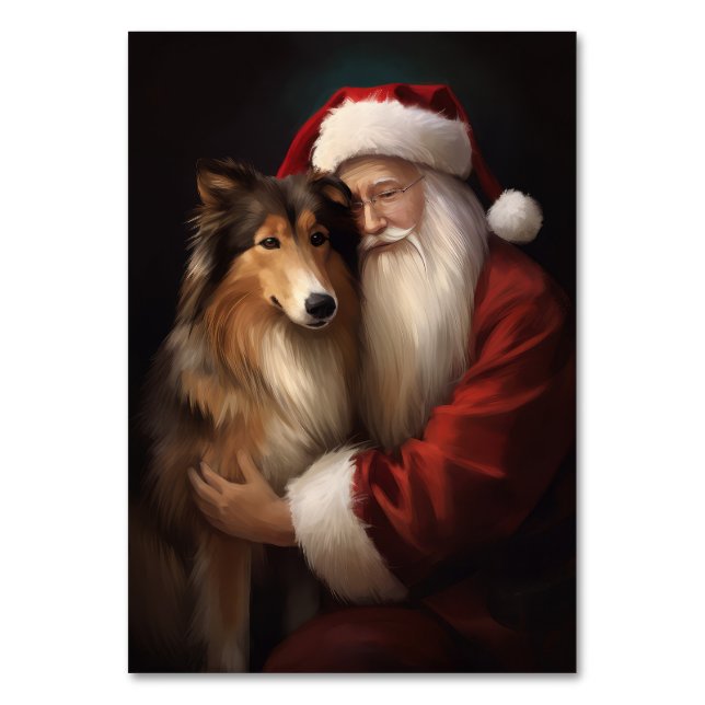 Numeração De Mesa Rough Collie com Papai Noel Natal Festivo (Frente)