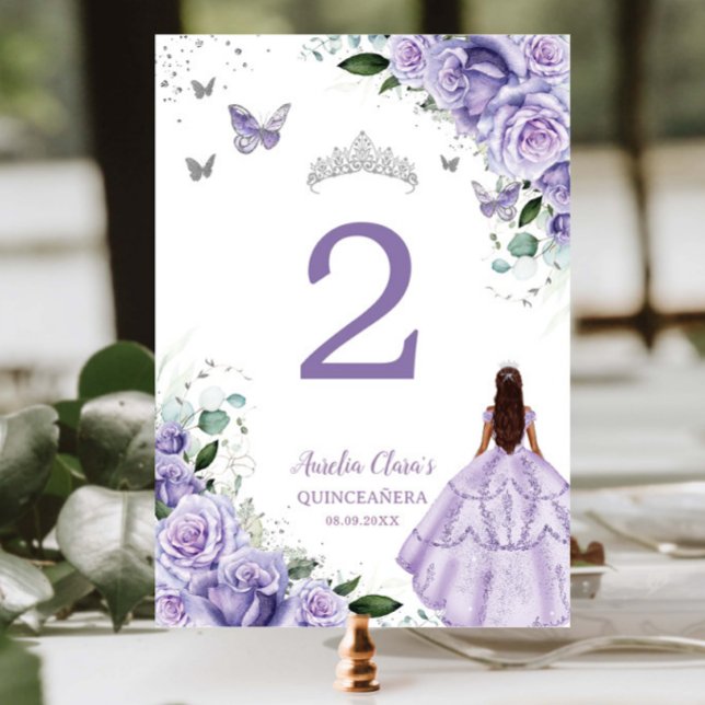 Numeração De Mesa Roxo Floral Princesa Prata Quinceañera XV 16 (Criador carregado)