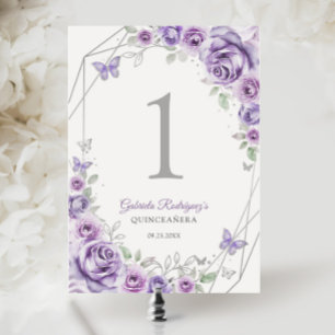 Numeração De Mesa Roxo Lilás Prata Floral Quinceanera