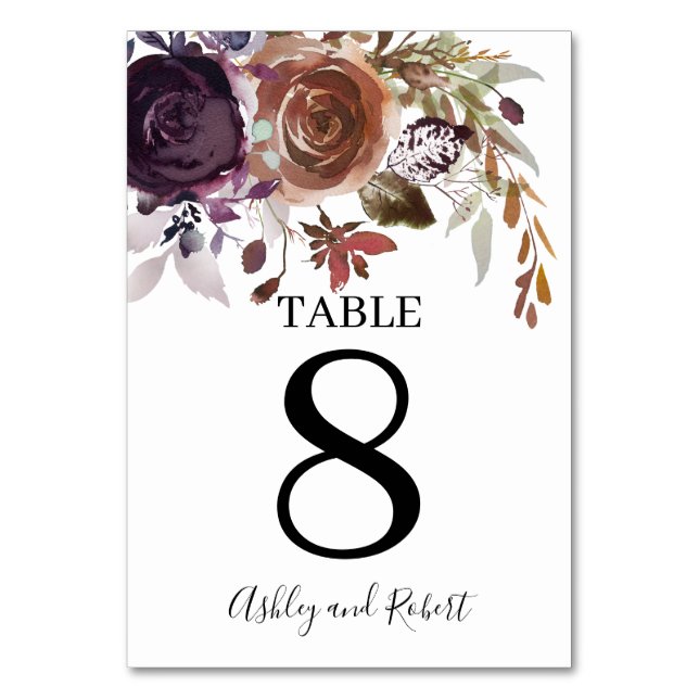 Numeração De Mesa Roxo Plum e Dourado Casamento Floral (Frente)