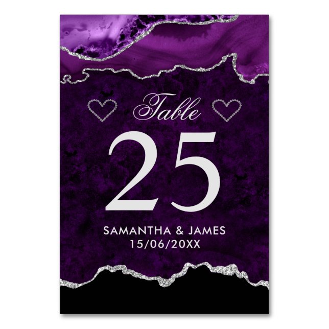 Numeração De Mesa Roxo & Prata Falso Brilho Mármore Ágata Casamento (Frente)