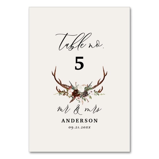 Numeração De Mesa Rustic Antler Wedding Woodland Deer Table Number (Frente)