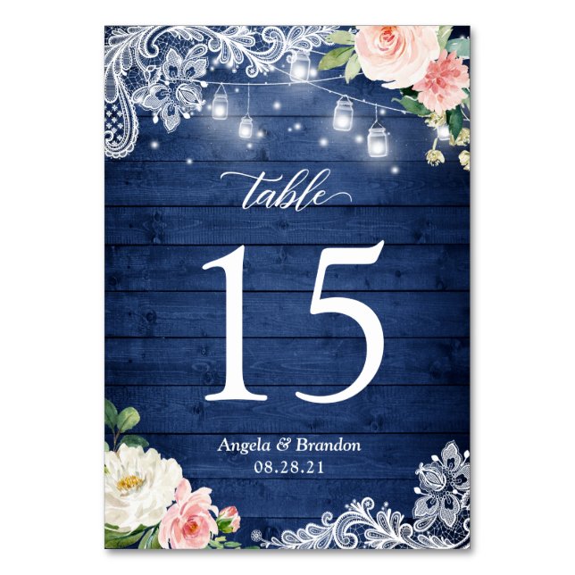 Numeração De Mesa Rustic Blue Mason Jar Lights Lace Casamento Floral (Verso)