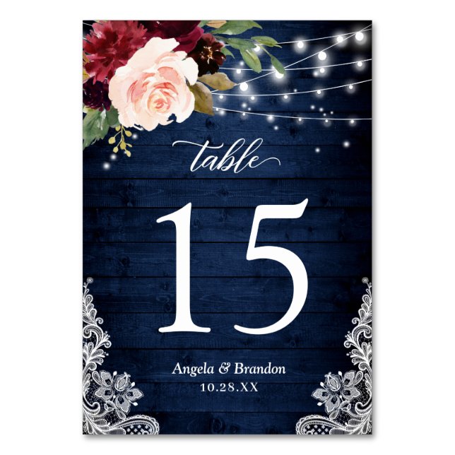 Numeração De Mesa Rustic Burgundy Floral String Luzes Lace Casamento (Frente)
