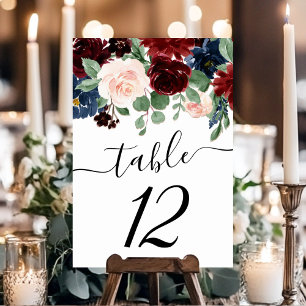 Numeração De Mesa Rustic Floral Party Marinho Blue Burgundy Script
