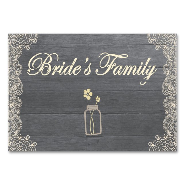 Numeração De Mesa Rustic Mason Jar e Lace Bride Family Card (Frente)