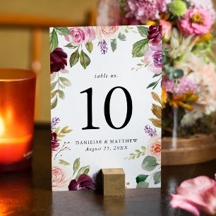Numeração De Mesa Rustic Pink Burgundy e Purple Floral Weds
