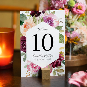 Numeração De Mesa Rustic Pink Burgundy e Purple Floral Weds