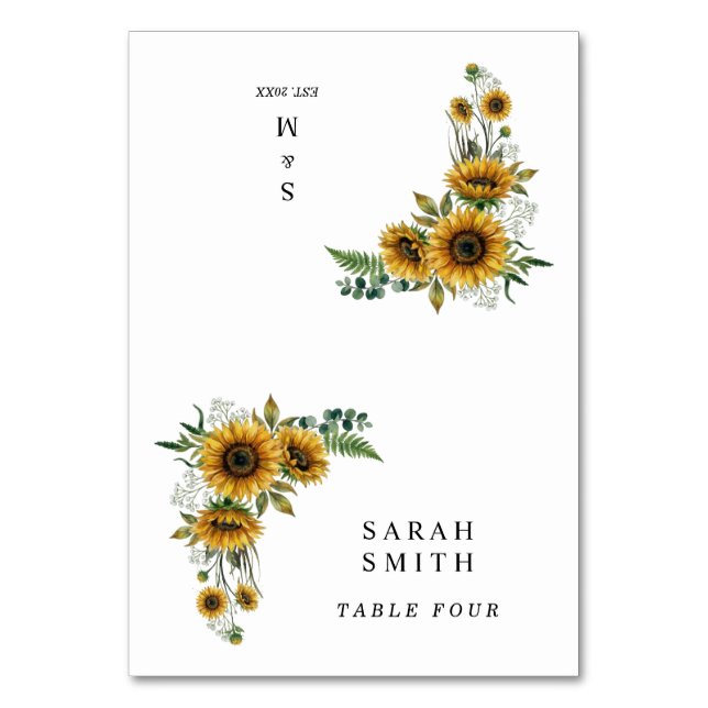 Numeração De Mesa Rustic Sunflower Wedding Place Cards (Frente)
