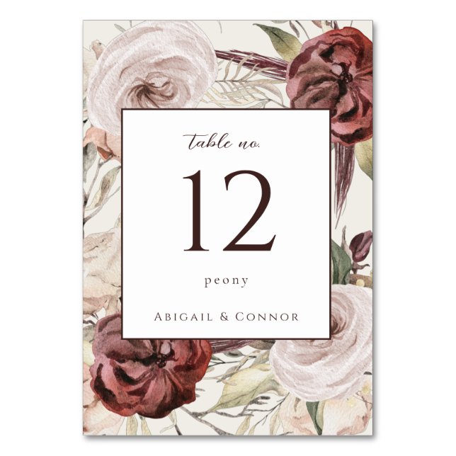 Numeração De Mesa Rústico Boho Marsala Creme Floral (Frente)