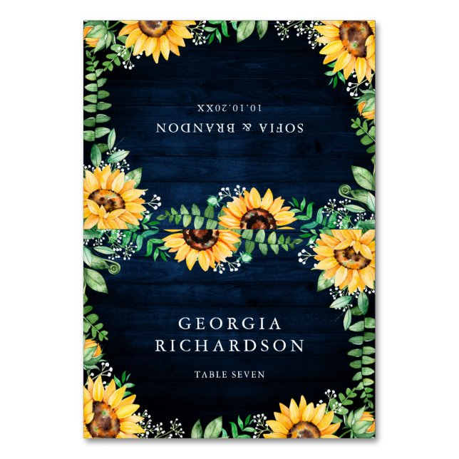 Numeração De Mesa Rústico Girassóis Marinho Azul Casamento Azul (Frente)