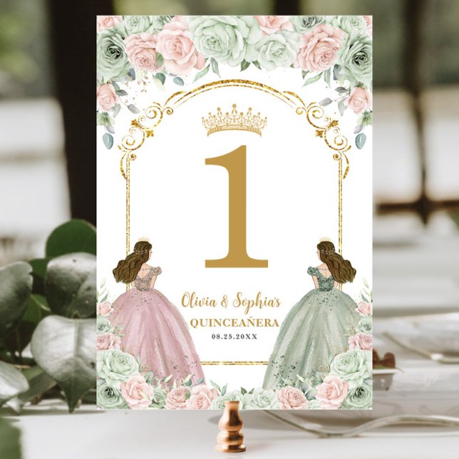 Numeração De Mesa Sage Green Blush Gêmeos Florais Quinceanera (Criador carregado)