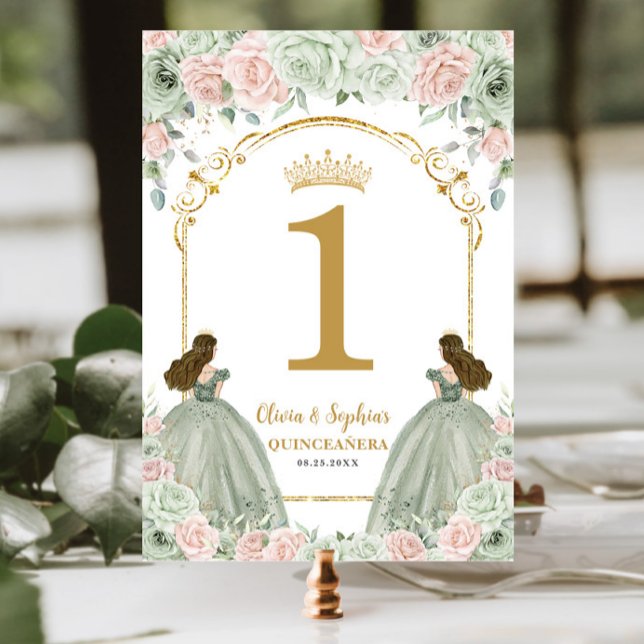 Numeração De Mesa Sage Green Blush Gêmeos Florais Quinceanera Aniver (Criador carregado)