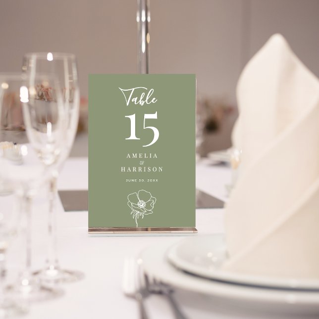 Numeração De Mesa Sage Green Floral Numero de Mesa Pequena (Sage Green Floral Wedding Small Table Number with Line Art Flower.)