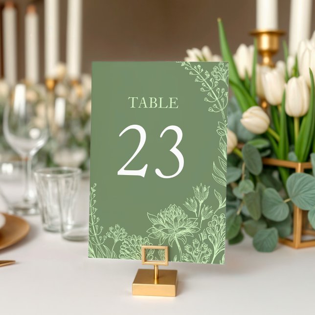 Numeração De Mesa Sage Green Hand Drawn Floral Weding (Sage Green Invitation with hand drawn florals table number)