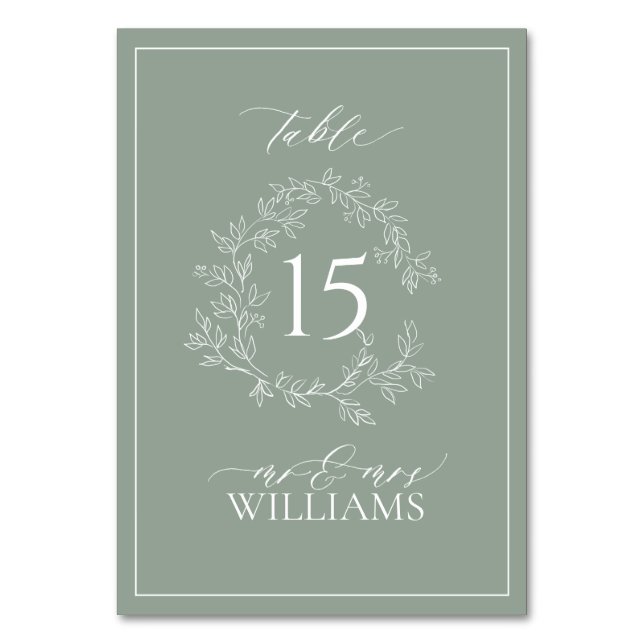 Numeração De Mesa Sage Green Leafy Crest Monograma Mesa Numb (Frente)