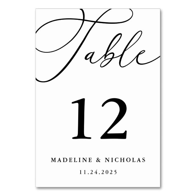 Numeração De Mesa Script de Caligrafia Preto e Branco Casamento Mode (Frente)