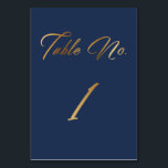 Numeração De Mesa Script Dourado Elegante na Placa Número 1 da Tabel<br><div class="desc">Esta placa de número de tabela é uma em uma suíte que inclui designs correspondentes com números adicionais. Em uma fonte bonito e fina, "Mesa nº" e o numeral "1" aparece em ambos os lados desta placa elegante com um fundo de marinho editável que pode ser alterado para qualquer cor...</div>