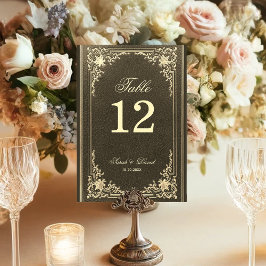 Numeração De Mesa Script Elegante de Casamento Dourado Negro