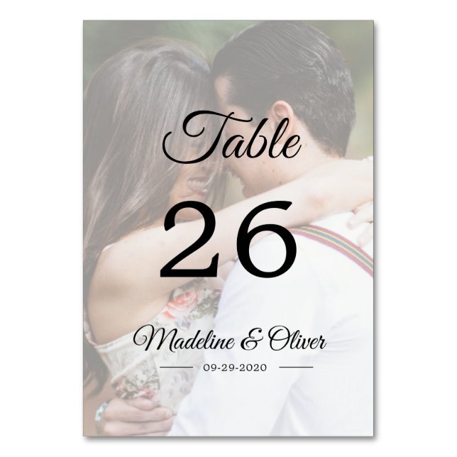 Numeração De Mesa Script Elegante de Foto de Casamento Moderno (Frente)