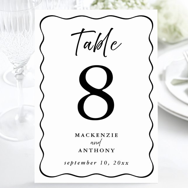 Numeração De Mesa Script manuscrito de Wavy Frame de Casamento Preto (Wedding Wavy Frame Handwritten Script Black Table Number)