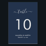 Numeração De Mesa Script Moderno marinho Azul e Prata<br><div class="desc">Cartão personalizado azul e prateado da tabela de casamento com uma fonte moderna. Itens correspondentes disponíveis.</div>