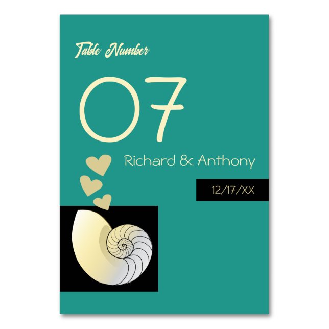 Numeração De Mesa Seashell and Hearts, Beach Wedding (Frente)