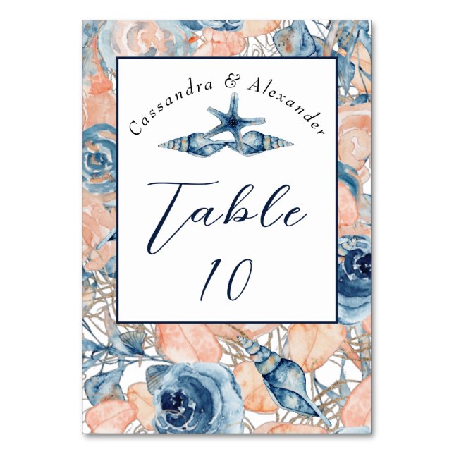 Numeração De Mesa Seashell e Rosas náuticos de praia de Casamento, (Frente)