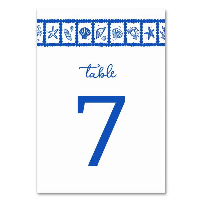 Numeração De Mesa Seashell Grid Beach WedOM Azul Branco (Frente)