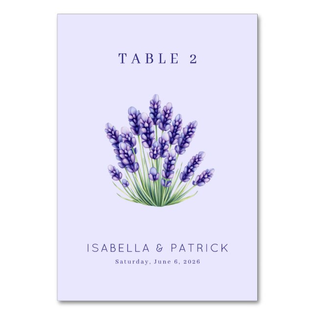 Numeração De Mesa Serena Floral de Lavanda em Aquarela (Frente)