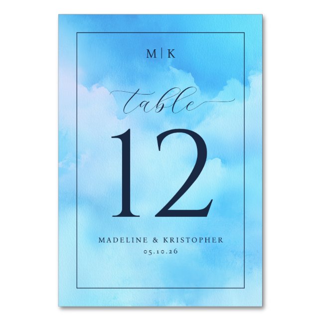 Numeração De Mesa Serene Blue Watercolor Table Number (Frente)
