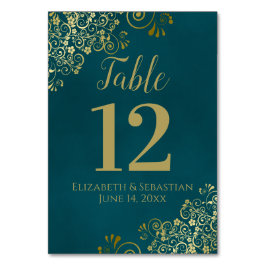 Numeração De Mesa Simple Dark Teal and Gold Elegant Frilly Wedding
