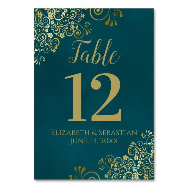 Numeração De Mesa Simple Dark Teal and Gold Elegant Frilly Wedding (Frente)