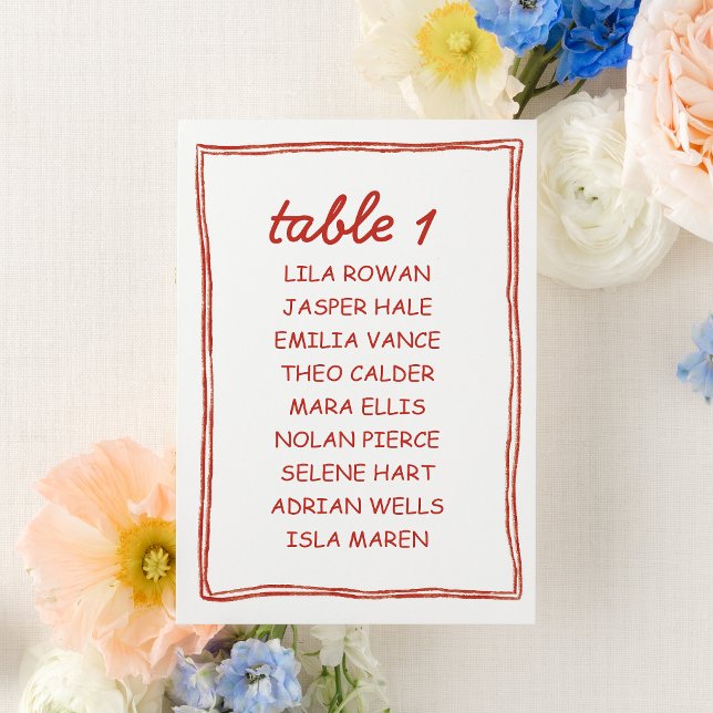 Numeração De Mesa Simple Red Doodle Wedding Seating Chart Card (Criador carregado)