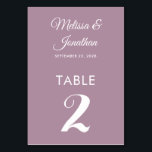 Numeração De Mesa Simples casamento elegante roxo e poeirento<br><div class="desc">Cartão de número simples e elegante da mesa de casamento minimalista com um roteiro branco na moda sobre um fundo roxo romântico empoeirado. Facilmente personalizável com os nomes da noiva e do noivo, a data do casamento e o número da mesa. Para mais personalizações ou encomendas personalizadas, contacte-me livremente em...</div>