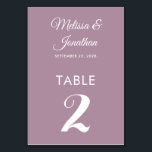 Numeração De Mesa Simples casamento elegante roxo e poeirento<br><div class="desc">Cartão de número simples e elegante da mesa de casamento minimalista com um roteiro branco na moda sobre um fundo roxo romântico empoeirado. Facilmente personalizável com os nomes da noiva e do noivo, a data do casamento e o número da mesa. Para mais personalizações ou encomendas personalizadas, contacte-me livremente em...</div>