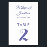 Numeração De Mesa Simples casamento elegante roxo e poeirento<br><div class="desc">Cartão de número de mesa de casamento simples e elegante e minimalista, com um roteiro roxo na moda periwinkle sobre um fundo branco comum clássico. Facilmente personalizável com os nomes da noiva e do noivo, a data do casamento e o número da mesa. Para mais personalizações ou encomendas personalizadas, contacte-me...</div>
