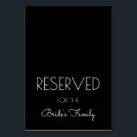Numeração De Mesa Sinais de Mesa de Casamento Preto e Branco Reserva<br><div class="desc">Cartões de lugar reservados pretos para dobrar ao meio após a compra. Texto branco impresso moderno, e roteiro para o final, este cartão preto e branco personalizado pode ser usado para reservar lugares para qualquer grupo - família da noiva, festa noiva, etc., ou pessoa - mãe da noiva, irmã da...</div>