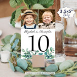 Numeração De Mesa Sinal de Número de Tabela de Casamento de Foto Euc<br><div class="desc">Sinais elegantes de número da mesa de casamento personalizados com duas fotos, nomes da noiva e noiva e acentuados com folhas de cor d'água eucalipto. Incluir várias fotos do casal ao longo dos anos ou suas fotos de noivado para uma placa de mesa divertida para convidados de casamento. É divertido...</div>