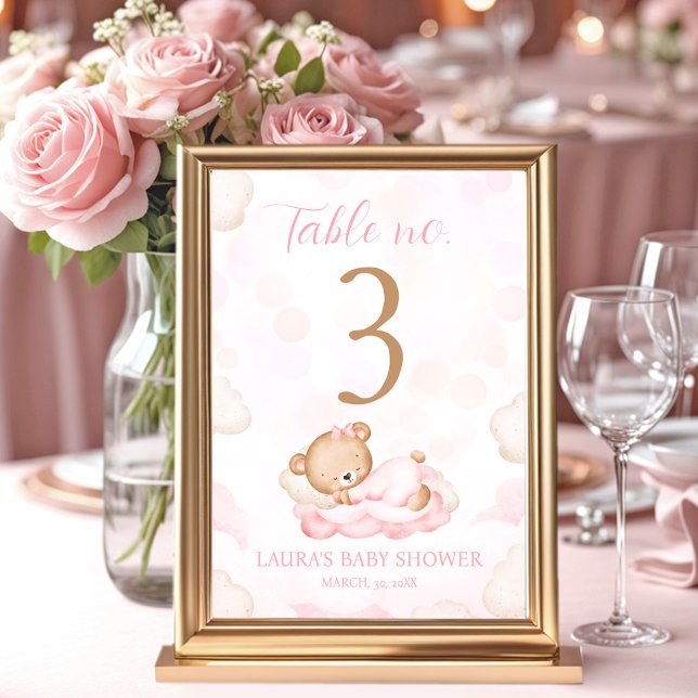 Numeração De Mesa Sinal de Número de Tabela de Chá de fraldas de Rap (Bear Pink Girl Baby Shower Table Number Sign)