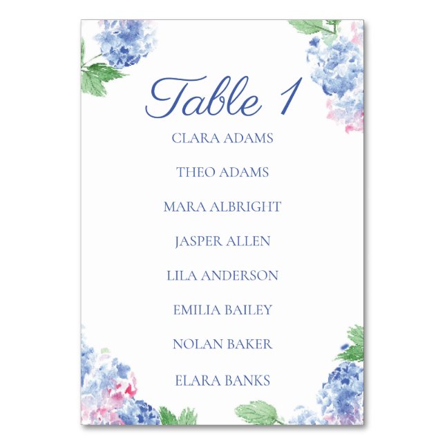 Numeração De Mesa Soft Blue Hydrangea Numeric Seating Chart Card (Frente)